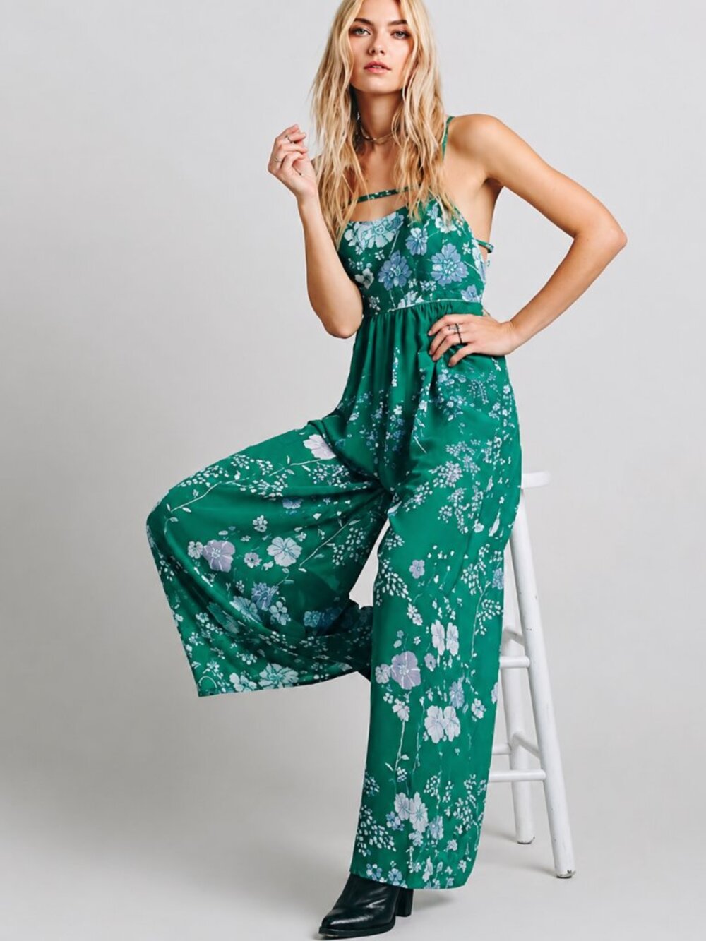 Free People Meadow Rue Green Floral Wide Leg Jumpsuit Size 4